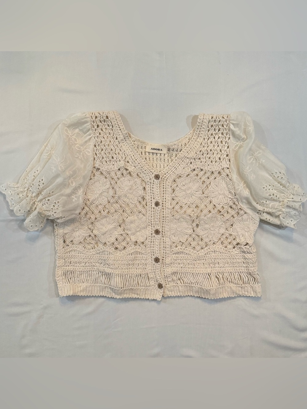 ADORA Boho Mixed Media Crotchet Puff Sleeve Cardigan Top Ivory/Cream One Size